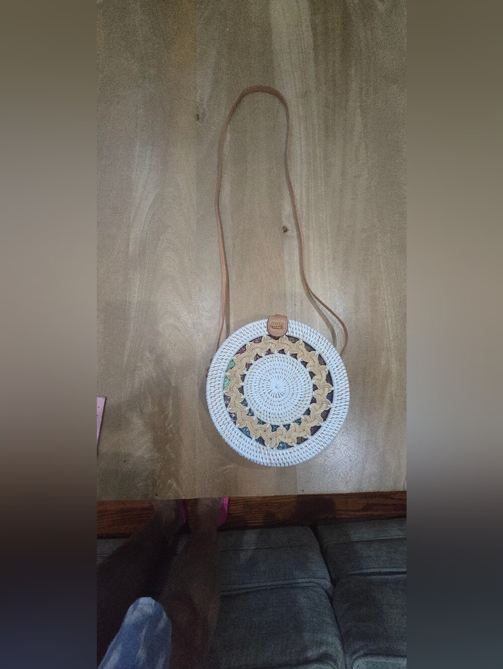 Amerii Handwoven White Rattan Medallion Crossbody Bag with Batik Lining